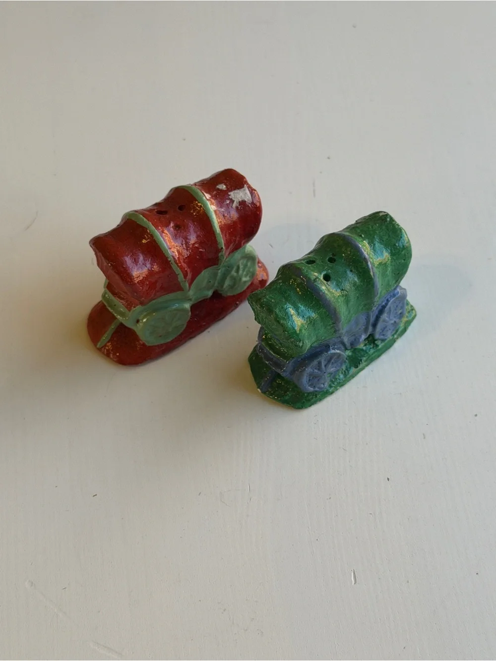 Vintage Covered Wagon Salt & Pepper Shakers Red Green Ceramic Western Americana